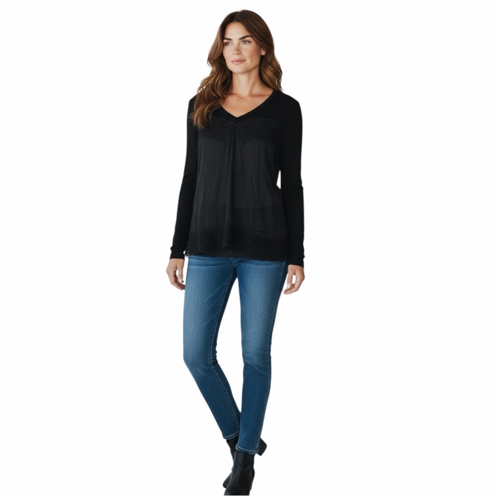 Altuzarra Black Merino Wool Stretch Silk Mixed Media V-Neck Pullover Sweater 44